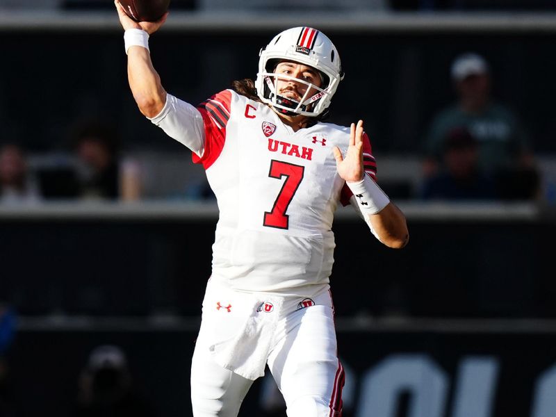 Nov 26, 2022; Boulder, Colorado, USA; Utah Utes quarterback Cameron Rising (7) prepares to pass in the first quarter against the Colorado Buffaloes at Folsom Field. Mandatory Credit: Ron Chenoy-USA TODAY Sports