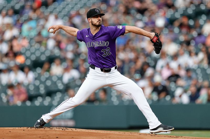 Jun 21, 2024; Denver, Colorado, USA; Colorado Rockies starting pitcher Dakota Hudson (32) pitches in the first inning against the Washington Nationals at Coors Field. Mandatory Credit: Isaiah J. Downing-USA TODAY Sports