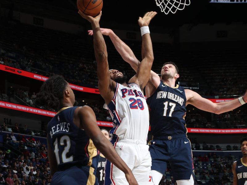 NEW ORLEANS, LA - MARCH 24:  Guerschon Yabusele #28 of the Philadelphia 76ers shoots the ball during the game against the New Orleans Pelicans on March 24, 2025 at the Smoothie King Center in New Orleans, Louisiana. NOTE TO USER: User expressly acknowledges and agrees that, by downloading and or using this Photograph, user is consenting to the terms and conditions of the Getty Images License Agreement. Mandatory Copyright Notice: Copyright 2025 NBAE (Photo by Layne Murdoch Jr./NBAE via Getty Images)