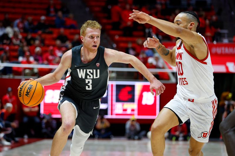 Jan 19, 2023; Salt Lake City, Utah, USA; Washington State Cougars guard Jabe Mullins (3) drives against Utah Utes guard Marco Anthony (10) in the first half at Jon M. Huntsman Center. Mandatory Credit: Jeffrey Swinger-USA TODAY Sports