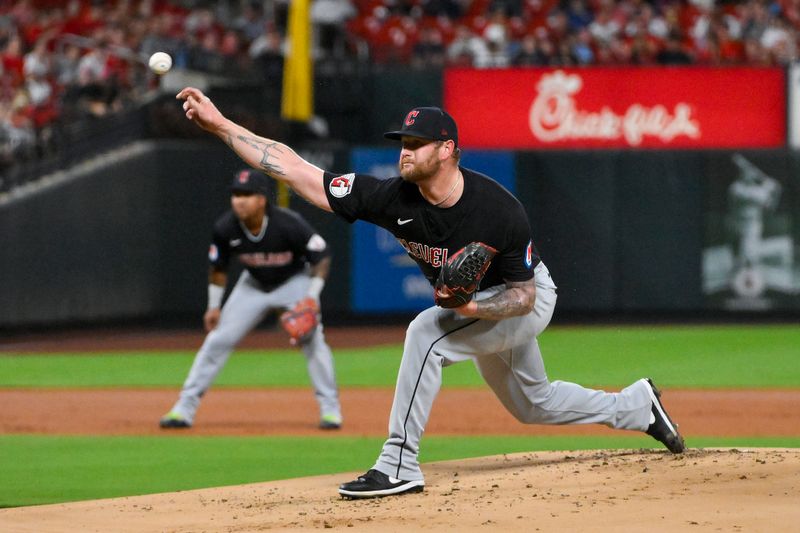 Sep 20, 2024; St. Louis, Missouri, USA;  Cleveland Guardians starting pitcher Ben Lively (39) pitches against the St. Louis Cardinals during the first inning at Busch Stadium. Mandatory Credit: Jeff Curry-Imagn Images