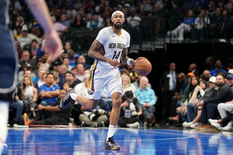 DALLAS, TX - November 19: Brandon Ingram #14 of the New Orleans Pelicans dribbles the ball during the NBA Cup game against the Dallas Mavericks on November 19, 2024 at American Airlines Center in Dallas, Texas. NOTE TO USER: User expressly acknowledges and agrees that, by downloading and or using this photograph, User is consenting to the terms and conditions of the Getty Images License Agreement. Mandatory Copyright Notice: Copyright 2024 NBAE (Photo by Glenn James/NBAE via Getty Images)