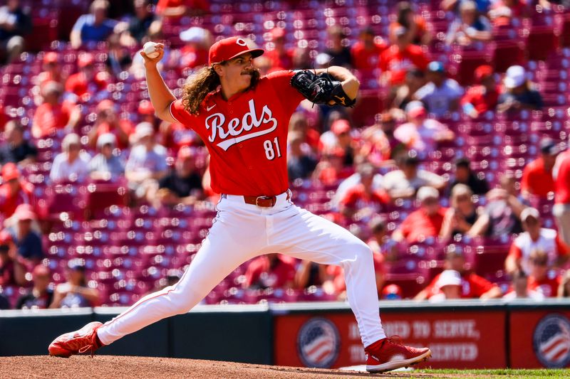 Sep 5, 2024; Cincinnati, Ohio, USA; Cincinnati Reds starting pitcher Rhett Lowder (81) pitches against the Houston Astros in the first inning at Great American Ball Park. Mandatory Credit: Katie Stratman-Imagn Images