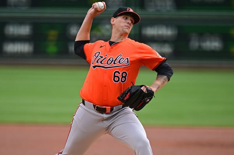 Apr 6, 2024; Pittsburgh, Pennsylvania, USA; Baltimore Orioles pitcher Tyler Wells (68) throws against the Pittsburgh Pirates during the first inning at PNC Park. Mandatory Credit: David Dermer-USA TODAY Sports