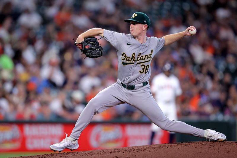 May 14, 2024; Houston, Texas, USA; Oakland Athletics pitcher JP Sears (38) delivers a pitch against the Houston Astros during the first inning at Minute Maid Park. Mandatory Credit: Erik Williams-USA TODAY Sports