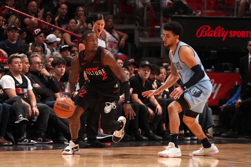 MIAMI, FL - JANUARY 24:  Terry Rozier #2 of the Miami Heat handles the ball during the game against the Memphis Grizzlies on January 24, 2024 at Kaseya Center in Miami, Florida. NOTE TO USER: User expressly acknowledges and agrees that, by downloading and or using this Photograph, user is consenting to the terms and conditions of the Getty Images License Agreement. Mandatory Copyright Notice: Copyright 2024 NBAE (Photo by Issac Baldizon/NBAE via Getty Images)