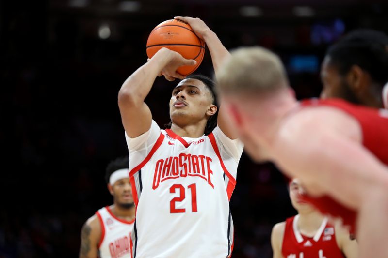 Feb 29, 2024; Columbus, Ohio, USA;  Ohio State Buckeyes forward Devin Royal (21) takes a free throw shot during the second half against the Nebraska Cornhuskers at Value City Arena. Mandatory Credit: Joseph Maiorana-USA TODAY Sports