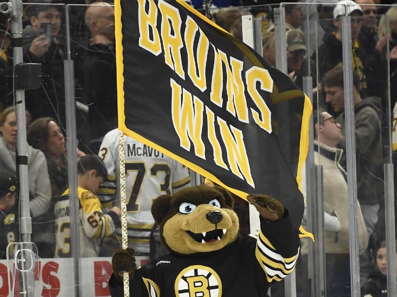 Apr 20, 2024; Boston, Massachusetts, USA; Boston Bruins mascot Blades skates with a banner after defeating the Toronto Maple Leafs in game one of the first round of the 2024 Stanley Cup Playoffs at TD Garden. Mandatory Credit: Bob DeChiara-USA TODAY Sports