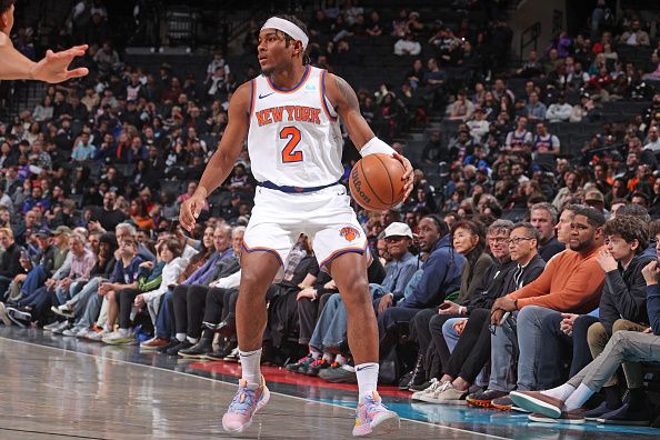 BROOKLYN, NY - DECEMBER 20: Miles McBride #2 of the New York Knicks dribbles the ball during the game against the Brooklyn Nets on December 20, 2023 at Barclays Center in Brooklyn, New York. NOTE TO USER: User expressly acknowledges and agrees that, by downloading and or using this Photograph, user is consenting to the terms and conditions of the Getty Images License Agreement. Mandatory Copyright Notice: Copyright 2023 NBAE (Photo by Nathaniel S. Butler/NBAE via Getty Images)