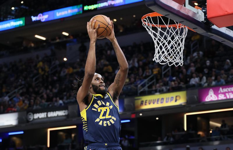 INDIANAPOLIS, INDIANA - FEBRUARY 06: Isaiah Jackson #22 of the Indiana Pacers shoots the ball in the first half against the Houston Rockets at Gainbridge Fieldhouse on February 06, 2024 in Indianapolis, Indiana.    NOTE TO USER: User expressly acknowledges and agrees that, by downloading and or using this photograph, User is consenting to the terms and conditions of the Getty Images License Agreement.  (Photo by Andy Lyons/Getty Images)