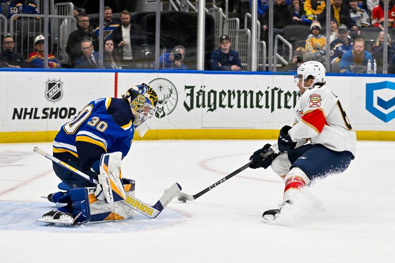 Jan 9, 2024; St. Louis, Missouri, USA;  St. Louis Blues goaltender Joel Hofer (30) defends the net against Florida Panthers right wing William Lockwood (67) during the first period at Enterprise Center. Mandatory Credit: Jeff Curry-USA TODAY Sports