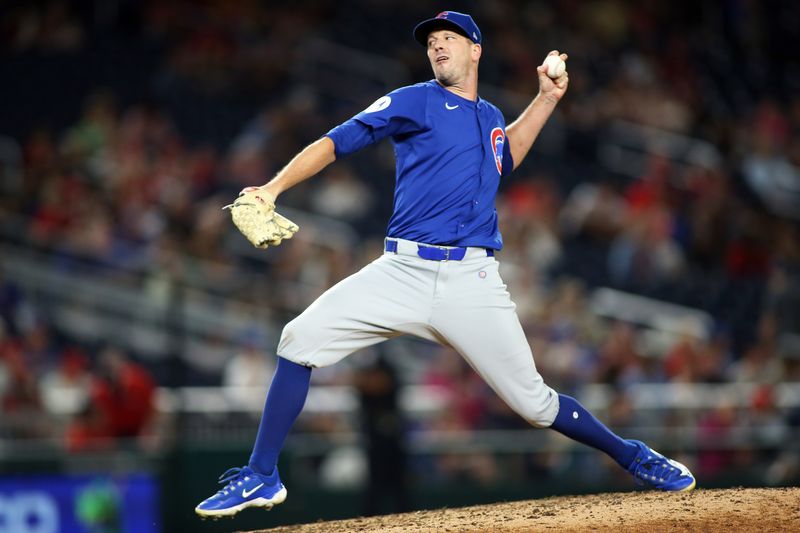 Aug 30, 2024; Washington, District of Columbia, USA; Chicago Cubs pitcher Drew Smyly (11) pitches during the ninth inning against the Washington Nationals at Nationals Park. Mandatory Credit: Daniel Kucin Jr.-USA TODAY Sports


