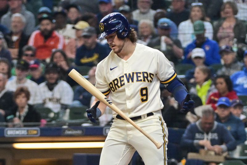 May 24, 2023; Milwaukee, Wisconsin, USA; Milwaukee Brewers right fielder Brian Anderson (9) reacts after striking out in the fifth inning against the Houston Astros at American Family Field. Mandatory Credit: Benny Sieu-USA TODAY Sports