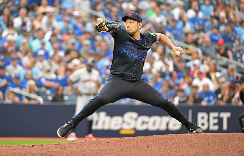 Jul 3, 2024; Toronto, Ontario, CAN; Toronto Blue Jays pitcher Yousei Kikuchi (16) pitches in the first inning against the Houston Astros at Rogers Centre. Mandatory Credit: Gerry Angus-USA TODAY Sports