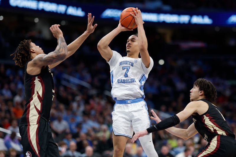 Mar 14, 2024; Washington, D.C., USA; North Carolina guard Seth Trimble (7) shoots the ball as Florida State forward Cam Corhen (3) defends in the second half at Capital One Arena. Mandatory Credit: Geoff Burke-USA TODAY Sports