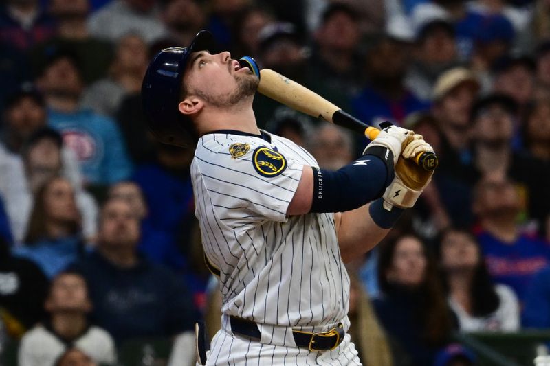 May 3, 2025; Milwaukee, Wisconsin, USA; Milwaukee Brewers third baseman Caleb Durbin (21) pops out in the third inning against the Chicago Cubs at American Family Field. Mandatory Credit: Benny Sieu-Imagn Images