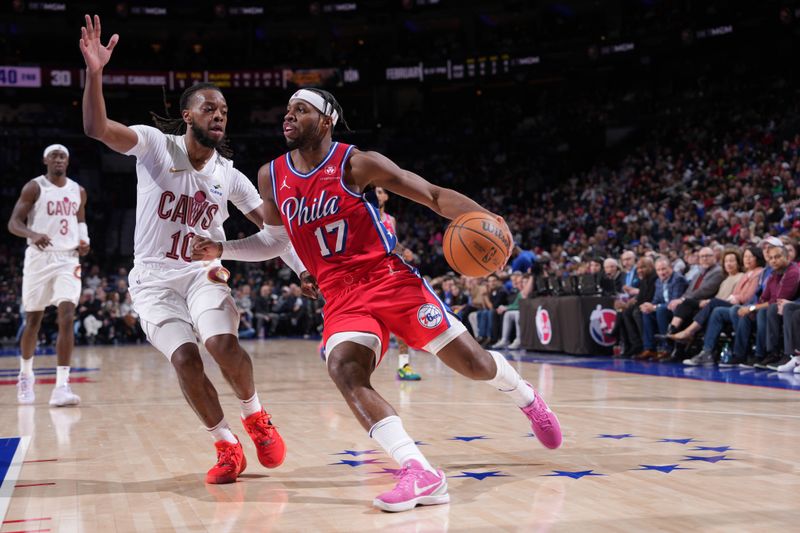 PHILADELPHIA, PA - FEBRUARY 23: Buddy Hield #17 of the Philadelphia 76ers dribbles the ball during the game against the Cleveland Cavaliers on February 23, 2024 at the Wells Fargo Center in Philadelphia, Pennsylvania NOTE TO USER: User expressly acknowledges and agrees that, by downloading and/or using this Photograph, user is consenting to the terms and conditions of the Getty Images License Agreement. Mandatory Copyright Notice: Copyright 2024 NBAE (Photo by Jesse D. Garrabrant/NBAE via Getty Images)