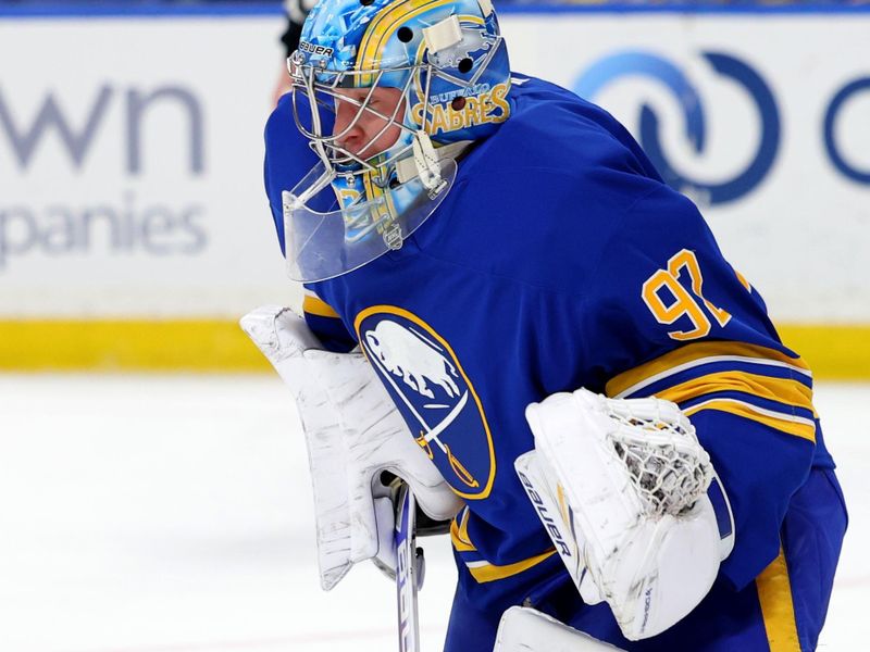 Jan 12, 2026; Buffalo, New York, USA;  Buffalo Sabres goaltender Colten Ellis (92) looks to make a save during the first period against the Florida Panthers at KeyBank Center. Mandatory Credit: Timothy T. Ludwig-Imagn Images