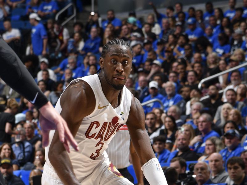 ORLANDO, FL - APRIL 25: Caris LeVert #3 of the Cleveland Cavaliers goes to the basket during the game against the Orlando Magic during Round 1 Game 3 of the 2024 NBA Playoffs on April 25, 2024 at Kia Center in Orlando, Florida. NOTE TO USER: User expressly acknowledges and agrees that, by downloading and or using this photograph, User is consenting to the terms and conditions of the Getty Images License Agreement. Mandatory Copyright Notice: Copyright 2023 NBAE (Photo by Fernando Medina/NBAE via Getty Images)