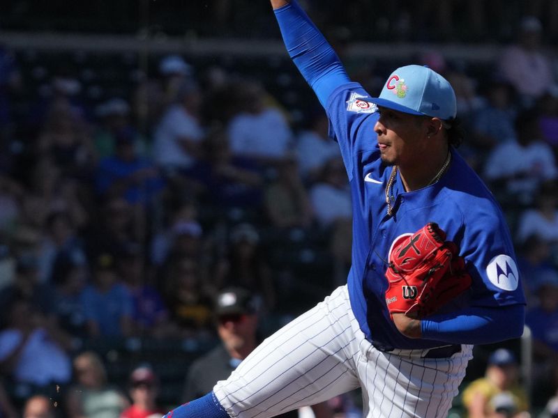 Feb 24, 2026; Mesa, Arizona, USA; Chicago Cubs pitcher Daniel Palencia (48) throws against the San Diego Padres in the third inning at Sloan Park. Mandatory Credit: Rick Scuteri-Imagn Images