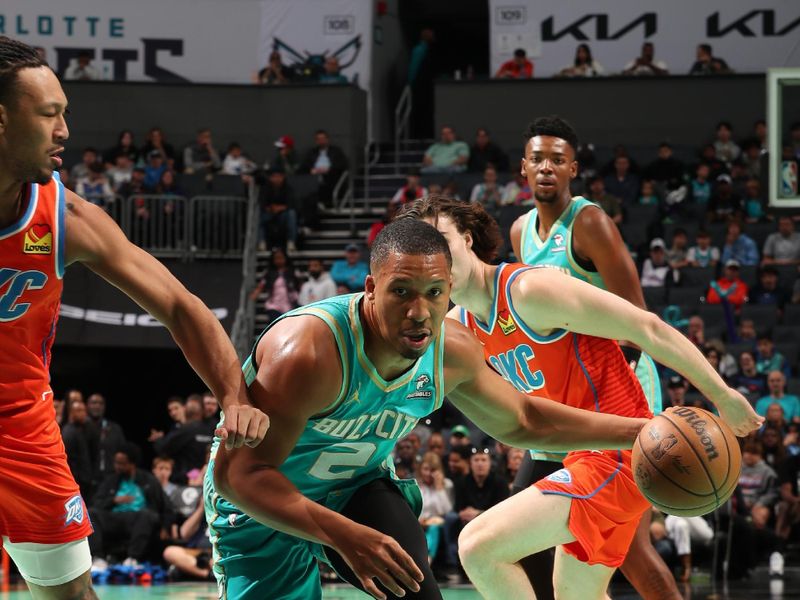 CHARLOTTE, NC - APRIL 7: Grant Williams #2 of the Charlotte Hornets drives to the basket during the game against the Oklahoma City Thunder on April 7, 2024 at Spectrum Center in Charlotte, North Carolina. NOTE TO USER: User expressly acknowledges and agrees that, by downloading and or using this photograph, User is consenting to the terms and conditions of the Getty Images License Agreement. Mandatory Copyright Notice: Copyright 2024 NBAE (Photo by Kent Smith/NBAE via Getty Images)