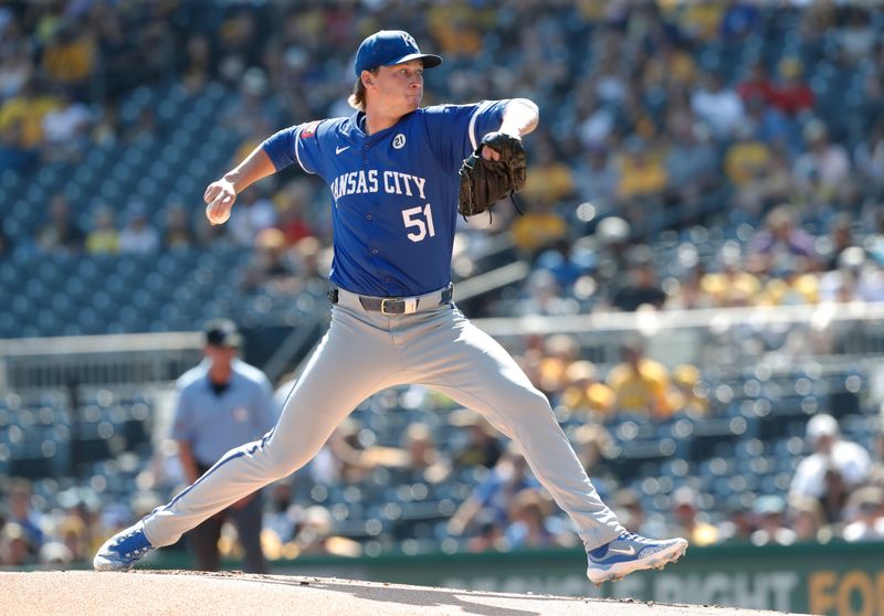 Sep 15, 2024; Pittsburgh, Pennsylvania, USA;  Kansas City Royals starting pitcher Brady Singer (51) delivers a pitch against the Pittsburgh Pirates during the first inning at PNC Park. Mandatory Credit: Charles LeClaire-Imagn Images