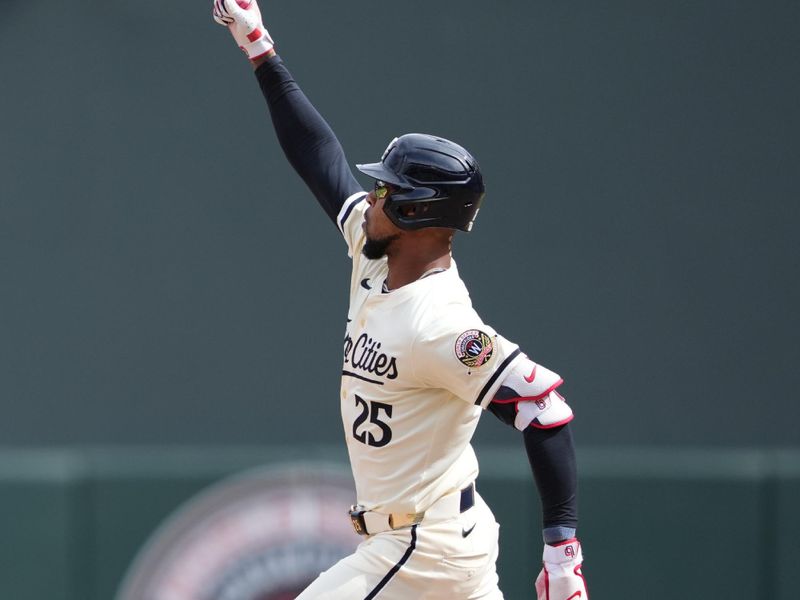 Aug 11, 2024; Minneapolis, Minnesota, USA; Minnesota Twins center fielder Byron Buxton (25) reacts to hitting a two run home run during the eighth inning against the Cleveland Guardians at Target Field. Mandatory Credit: Jordan Johnson-USA TODAY Sports