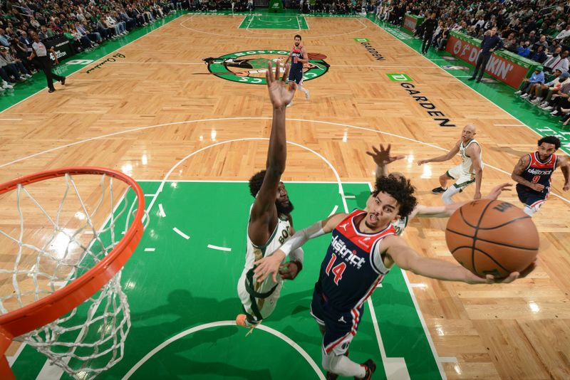 BOSTON, MA - APRIL 14: Jules Bernard #14 of the Washington Wizards drives to the basket during the game  against the Boston Celtics on April 14, 2024 at the TD Garden in Boston, Massachusetts. NOTE TO USER: User expressly acknowledges and agrees that, by downloading and or using this photograph, User is consenting to the terms and conditions of the Getty Images License Agreement. Mandatory Copyright Notice: Copyright 2024 NBAE  (Photo by Brian Babineau/NBAE via Getty Images)