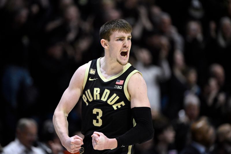 Feb 25, 2023; West Lafayette, Indiana, USA;  Purdue Boilermakers guard Braden Smith (3) reacts during the first half against the Indiana Hoosiers at Mackey Arena. Mandatory Credit: Marc Lebryk-USA TODAY Sports