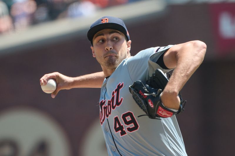 Aug 10, 2024; San Francisco, California, USA; Detroit Tigers starting pitcher Alex Faedo (49) throws a pitch against the San Francisco Giants  during the first inning at Oracle Park. Mandatory Credit: Robert Edwards-USA TODAY Sports