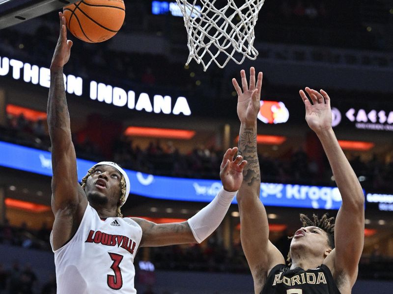 Feb 4, 2023; Louisville, Kentucky, USA;  Louisville Cardinals guard El Ellis (3) shoots against Florida State Seminoles forward Cam Corhen (3) during the second half at KFC Yum! Center. Florida State defeated Louisville 81-78. Mandatory Credit: Jamie Rhodes-USA TODAY Sports