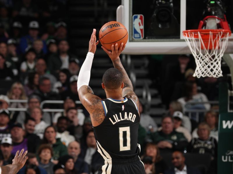 MILWAUKEE, WI - JANUARY 15:  Damian Lillard #0 of the Milwaukee Bucks shoots the ball during the game against the Orlando Magic on January 15, 2025 at Fiserv Forum Center in Milwaukee, Wisconsin. NOTE TO USER: User expressly acknowledges and agrees that, by downloading and or using this Photograph, user is consenting to the terms and conditions of the Getty Images License Agreement. Mandatory Copyright Notice: Copyright 2025 NBAE (Photo by Gary Dineen/NBAE via Getty Images).