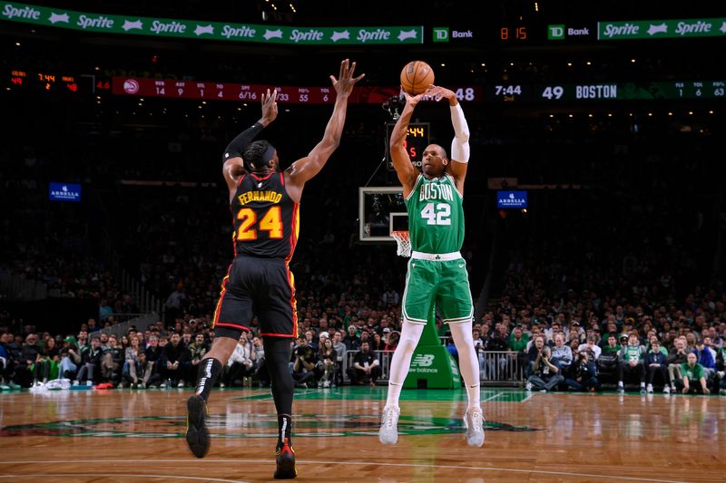 BOSTON, MA - FEBRUARY 7: Al Horford #42 of the Boston Celtics shoots a three point basket during the game against the Atlanta Hawks on February 7, 2024 at the TD Garden in Boston, Massachusetts. NOTE TO USER: User expressly acknowledges and agrees that, by downloading and or using this photograph, User is consenting to the terms and conditions of the Getty Images License Agreement. Mandatory Copyright Notice: Copyright 2024 NBAE  (Photo by Brian Babineau/NBAE via Getty Images)