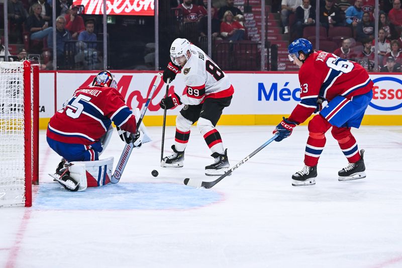 Oct 4, 2025; Montreal, Quebec, CAN; Montreal Canadiens goalie Samuel Montembeault (35) makes a save against Ottawa Senators center Lars Eller (89) during the second period at Bell Centre. Mandatory Credit: David Kirouac-Imagn Images