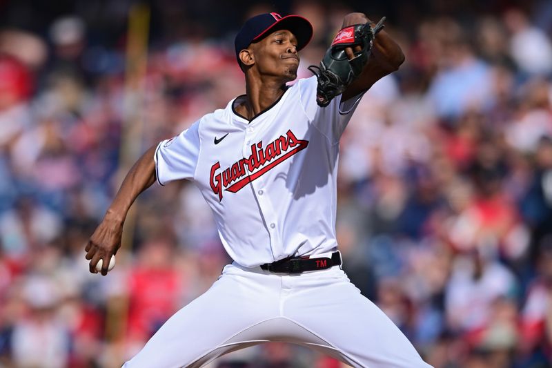 Apr 8, 2024; Cleveland, Ohio, USA; Cleveland Guardians starting pitcher Triston McKenzie (24) throws a pitch during the first inning against the Chicago White Sox at Progressive Field. Mandatory Credit: David Dermer-USA TODAY Sports