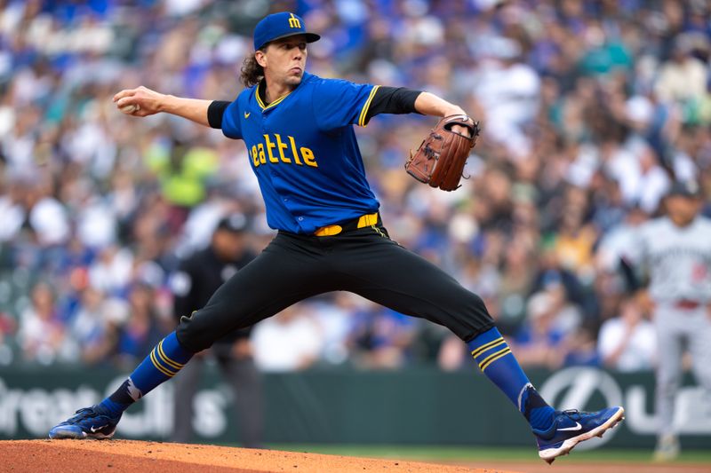 Jun 28, 2024; Seattle, Washington, USA; Seattle Mariners starter Logan Gilbert (36) delivers a pitch during the first inning against the Minnesota Twins at T-Mobile Park. Mandatory Credit: Stephen Brashear-USA TODAY Sports