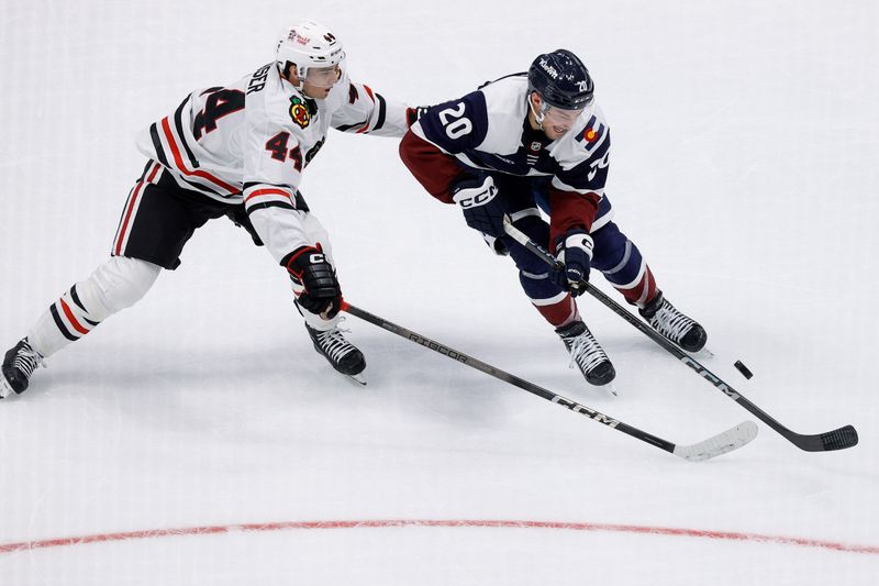 Oct 28, 2024; Denver, Colorado, USA; Colorado Avalanche center Ross Colton (20) controls the puck under pressure from Chicago Blackhawks defenseman Wyatt Kaiser (44) in the second period at Ball Arena. Mandatory Credit: Isaiah J. Downing-Imagn Images