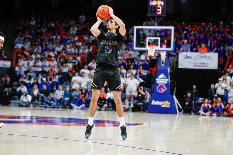 Feb 20, 2024; Boise, Idaho, USA; San Jose State Spartans guard Alvaro Cardenas (13) shoots during the first half against the Boise State Broncos at  ExtraMile Arena. Mandatory Credit: Brian Losness-USA TODAY Sports