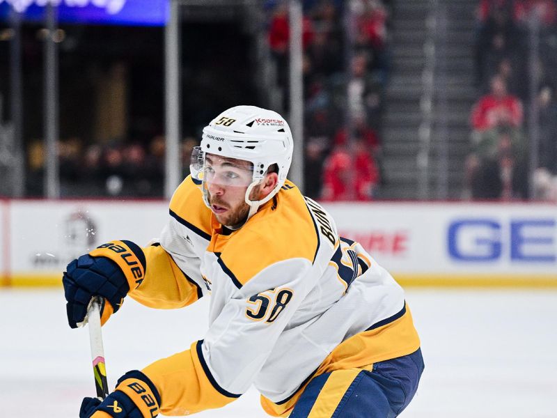 Nov 26, 2025; Detroit, Michigan, USA; Nashville Predators left wing Michael Bunting (58) during the first period against the Detroit Red Wings at Little Caesars Arena. Mandatory Credit: Tim Fuller-Imagn Images