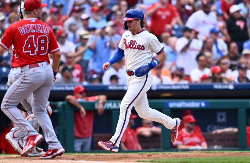 Aug 30, 2023; Philadelphia, Pennsylvania, USA; Philadelphia Phillies second baseman Bryson Stott (5) advances home to score against the Los Angeles Angels in the second inning at Citizens Bank Park. Mandatory Credit: Kyle Ross-USA TODAY Sports