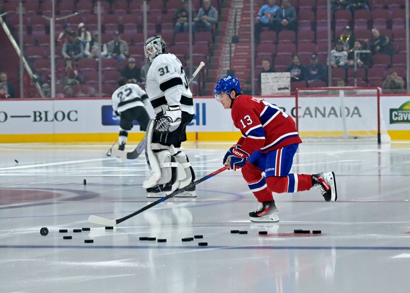 Oct 17, 2024; Montreal, Quebec, CAN; Montreal Canadiens forward Cole Caufield (13) skates during the warmup period before the game against the Los Angeles Kings at the Bell Centre. Mandatory Credit: Eric Bolte-Imagn Images