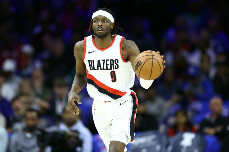 PHILADELPHIA, PENNSYLVANIA - OCTOBER 29: Jerami Grant #9 of the Portland Trail Blazers dribbles during the third quarter against the Philadelphia 76ers at Wells Fargo Center on October 29, 2023 in Philadelphia, Pennsylvania. NOTE TO USER: User expressly acknowledges and agrees that, by downloading and or using this photograph, User is consenting to the terms and conditions of the Getty Images License Agreement. (Photo by Tim Nwachukwu/Getty Images)