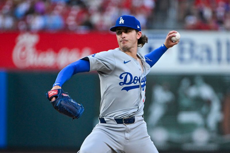 Aug 16, 2024; St. Louis, Missouri, USA;  Los Angeles Dodgers starting pitcher Justin Wrobleski (70) pitches against the St. Louis Cardinals during the first inning at Busch Stadium. Mandatory Credit: Jeff Curry-USA TODAY Sports