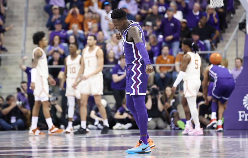 Mar 1, 2023; Fort Worth, Texas, USA;  TCU Horned Frogs guard Damion Baugh (10) reacts during the second half against the TCU Horned Frogs at Ed and Rae Schollmaier Arena. Mandatory Credit: Kevin Jairaj-USA TODAY Sports
