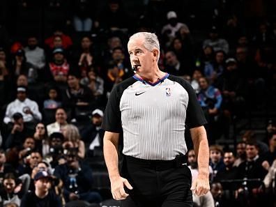 BROOKLYN, NY - NOVEMBER 26: Referee, Scott Wall #31, looks on during the game between the Chicago Bulls and the Brooklyn Nets on November 26, 2023 at Barclays Center in Brooklyn, New York. NOTE TO USER: User expressly acknowledges and agrees that, by downloading and or using this Photograph, user is consenting to the terms and conditions of the Getty Images License Agreement. Mandatory Copyright Notice: Copyright 2023 NBAE (Photo by David Dow/NBAE via Getty Images)