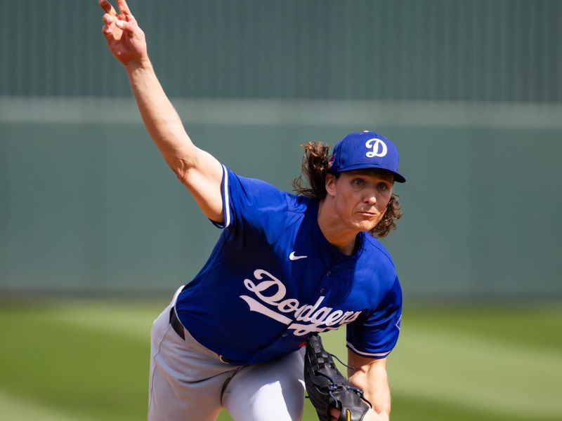 Feb 24, 2024; Tempe, Arizona, USA; Los Angeles Dodgers pitcher Tyler Glasnow against the Los Angeles Angels during a spring training game at Tempe Diablo Stadium. Mandatory Credit: Mark J. Rebilas-USA TODAY Sports