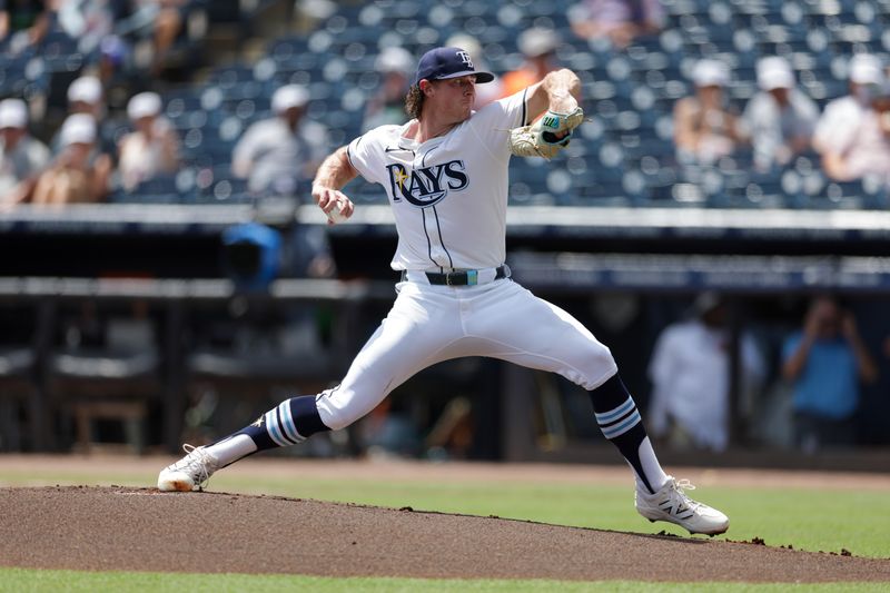 Jul 20, 2025; Tampa, Florida, USA; Tampa Bay Rays starting pitcher Ryan Pepiot (44) throws a pitch against the Baltimore Orioles in the first inning at George M. Steinbrenner Field. Mandatory Credit: Nathan Ray Seebeck-Imagn Images