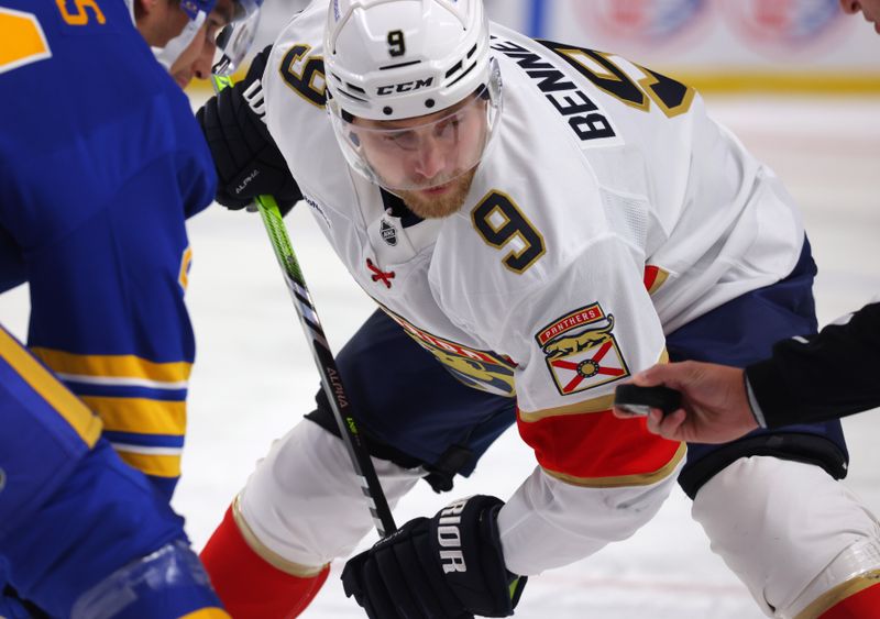 Oct 12, 2024; Buffalo, New York, USA;  Florida Panthers center Sam Bennett (9) waits for the linesman to drop the puck for a face-off during the first period against the Buffalo Sabres at KeyBank Center. Mandatory Credit: Timothy T. Ludwig-Imagn Images