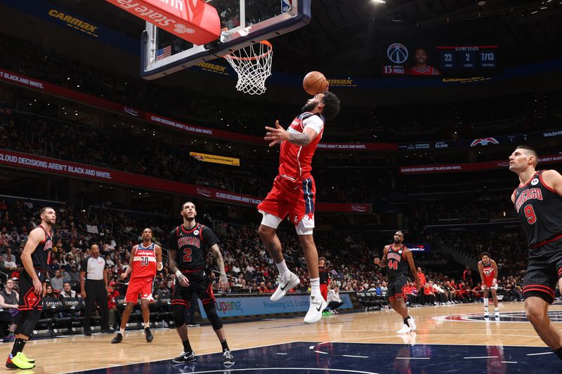 WASHINGTON, DC -? JANUARY 1: Justin Champagnie #9 of the Washington Wizards dunks the ball during the game against the Chicago Bulls on January 1, 2025 at Capital One Arena in Washington, DC. NOTE TO USER: User expressly acknowledges and agrees that, by downloading and or using this Photograph, user is consenting to the terms and conditions of the Getty Images License Agreement. Mandatory Copyright Notice: Copyright 2025 NBAE (Photo by Kenny Giarla/NBAE via Getty Images)