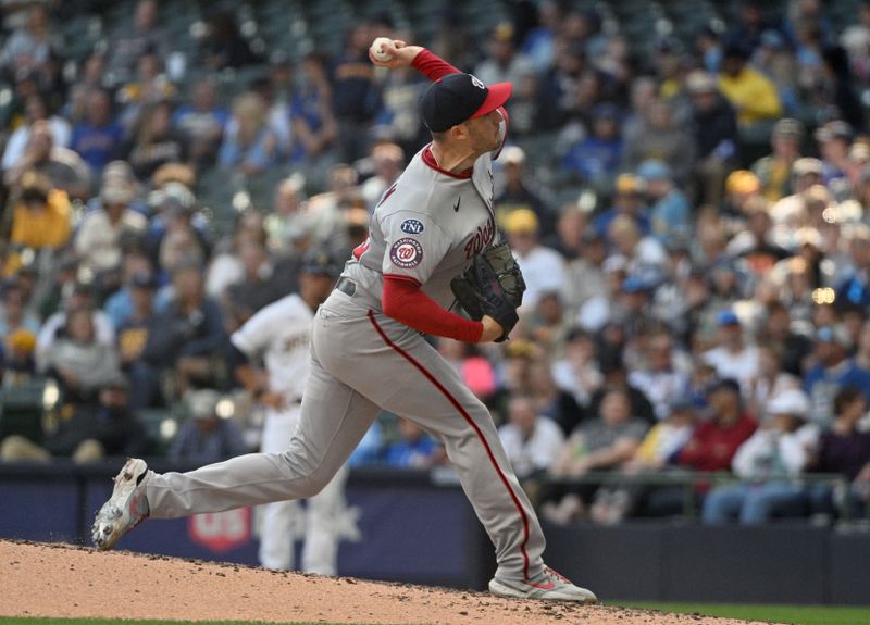 Sep 17, 2023; Milwaukee, Wisconsin, USA; Washington Nationals starting pitcher Patrick Corbin (46) delivers a pitch against the Milwaukee Brewers in the fifth inning at American Family Field. Mandatory Credit: Michael McLoone-USA TODAY Sports